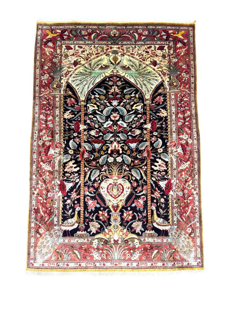 Ghom silk carpet red floral design