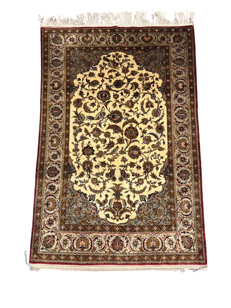 Ghom silk carpet cream floral design