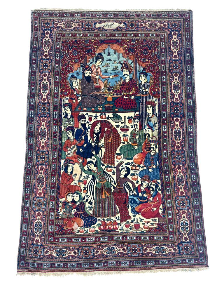 Isfahan antique rug maroon pictorial design
