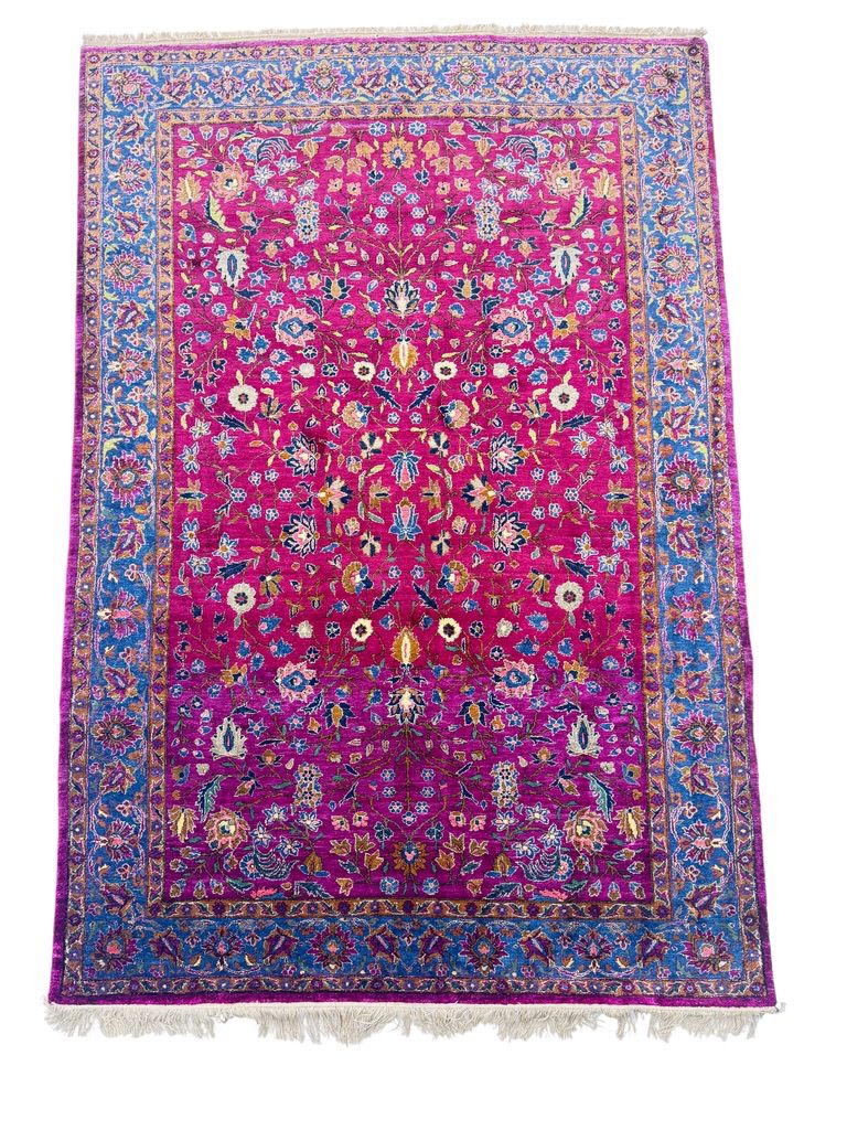 Kashan silk carpet pink floral design